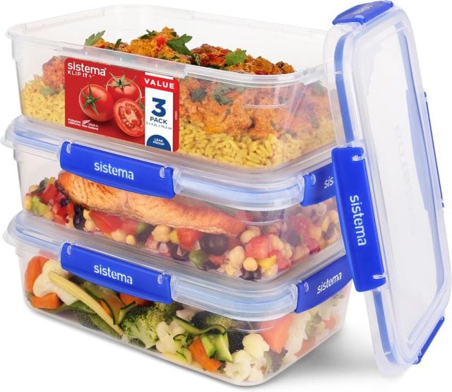 Sistema KLIP IT PLUS Leakproof Food Storage Containers, 2.2 L, BPA-Free, 3 Pack, Blue – Airtight, Stackable, Nestable
