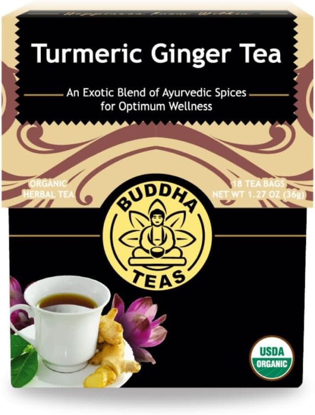 Buddha Teas Organic Turmeric Ginger Herbal Tea – 18 Teabags, Daily Wellness with Curcumin & Gingerol